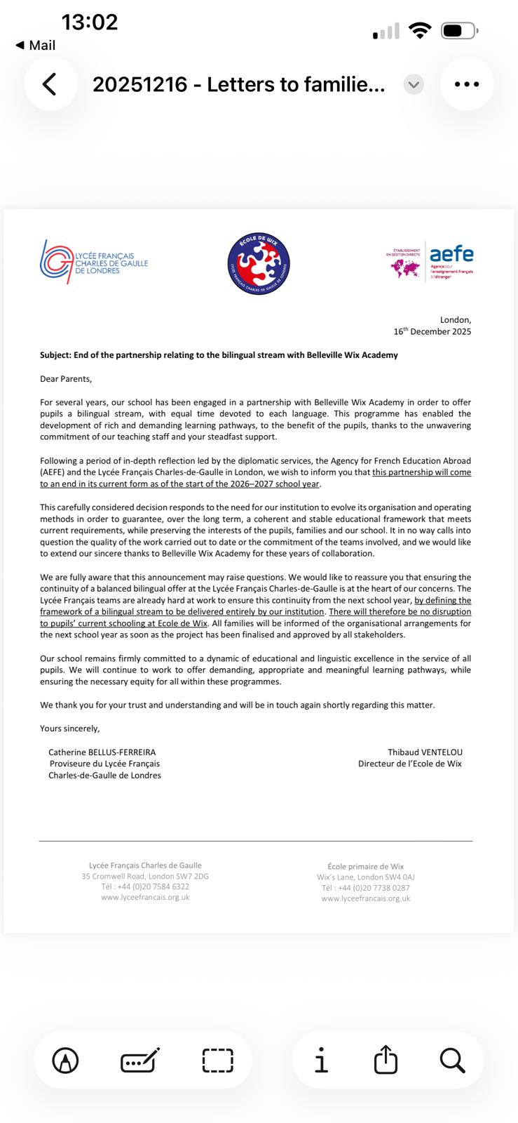 Letter from Mr Ventelou